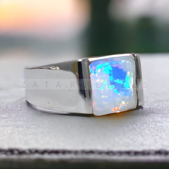 Natural Opal Men's Ring: Handmade 925 Sterling Silver Wedding Band