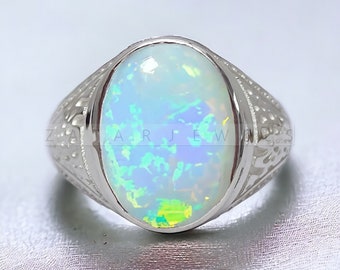 Natural Opal Men Ring AAA Quality Opal Gemstone Ring, Handmade Fire Opal Ring Personalised Engraving Men Gift 14K Gold Over Ring For Men