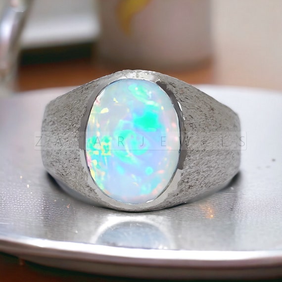 Handmade Opal Men's Ring: 925 Sterling Silver Wedding Band