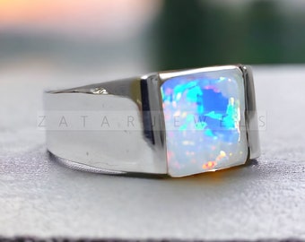 Natural Opal Men Ring AAA Quality Opal Gemstone Ring, Handmade Fire Opal Ring Personalised Engraving Men Gift 14K Gold Over Ring For Men