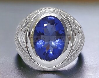 Blue Sapphire Men&#39;s Ring, Natural Blue Sapphire Ring, Engagement Ring, Septamber Birthstone, Grooms Ring Statement Personalized Gift For Men