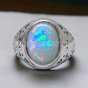 Opaal herenring, 925 sterlingzilver, AAA-kwaliteit ovale opaal edelsteenring, handgemaakte opaalring, gepersonaliseerd huwelijkscadeau, 14k goud over
