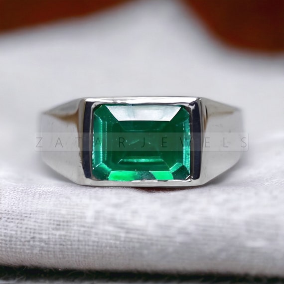 Emerald Men's Ring: Cushion Cut Gemstone, Sterling Silver Art Deco  anniversary Wadding gift