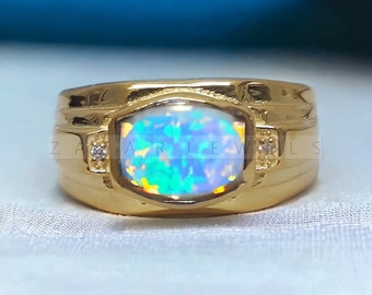 Vintage Opal Men Ring Handmade Engraving Ring 14k Gold Over Natural Opal Gemstone Jewelry AAA+ Quality Personalised Ring Engagement Men Ring
