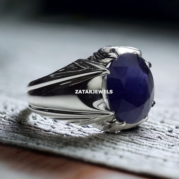 Blue Sapphire Men's Ring, 925 Sterling Silver Gents Ring, Handmade Blue Sapphire Gemstone Ring, AAA Quality Ring, Personlized Gift For Men