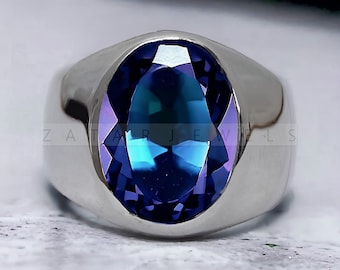 Alexandrite Men&#39;s Ring: Oval Gemstone, Sterling Silver Anniversary Ring