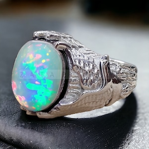 Natuurlijke opaal herenring AAA-kwaliteit opaal edelsteenring, handgemaakte vuuropaalring gepersonaliseerde gravure mannen cadeau 14K goud overring voor mannen