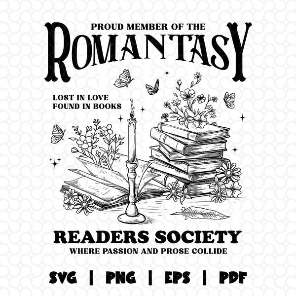 Romantasy Readers Society Svg Png, Romance Reader Svg, Book Lover Shirt, Vintage Reading Png, Bookworm and Bibliophiles Girly Bookish Merch