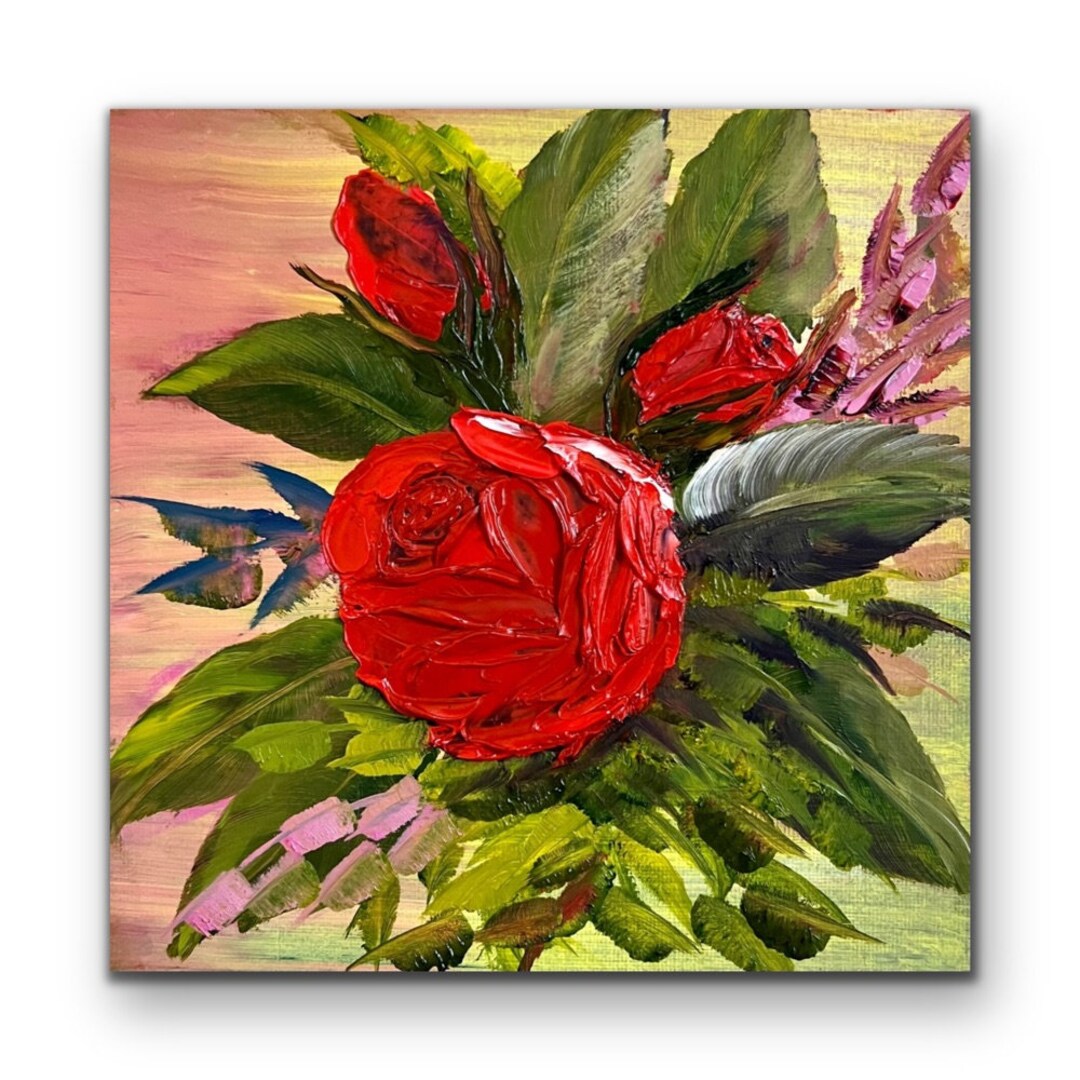 Red Rose Abstract Original Floral Oil Painting Small 3D Effect Impasto ...