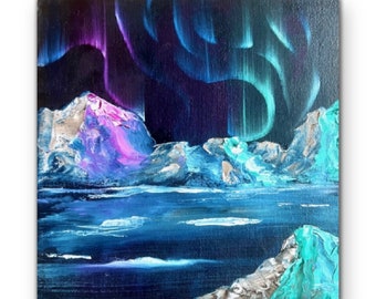 Northern Lights Aurora Borealis Modern Art  Original Art Oil Sea Mountain Landscape  Night Sky Colourful Canvas Painting Gift 8:8"