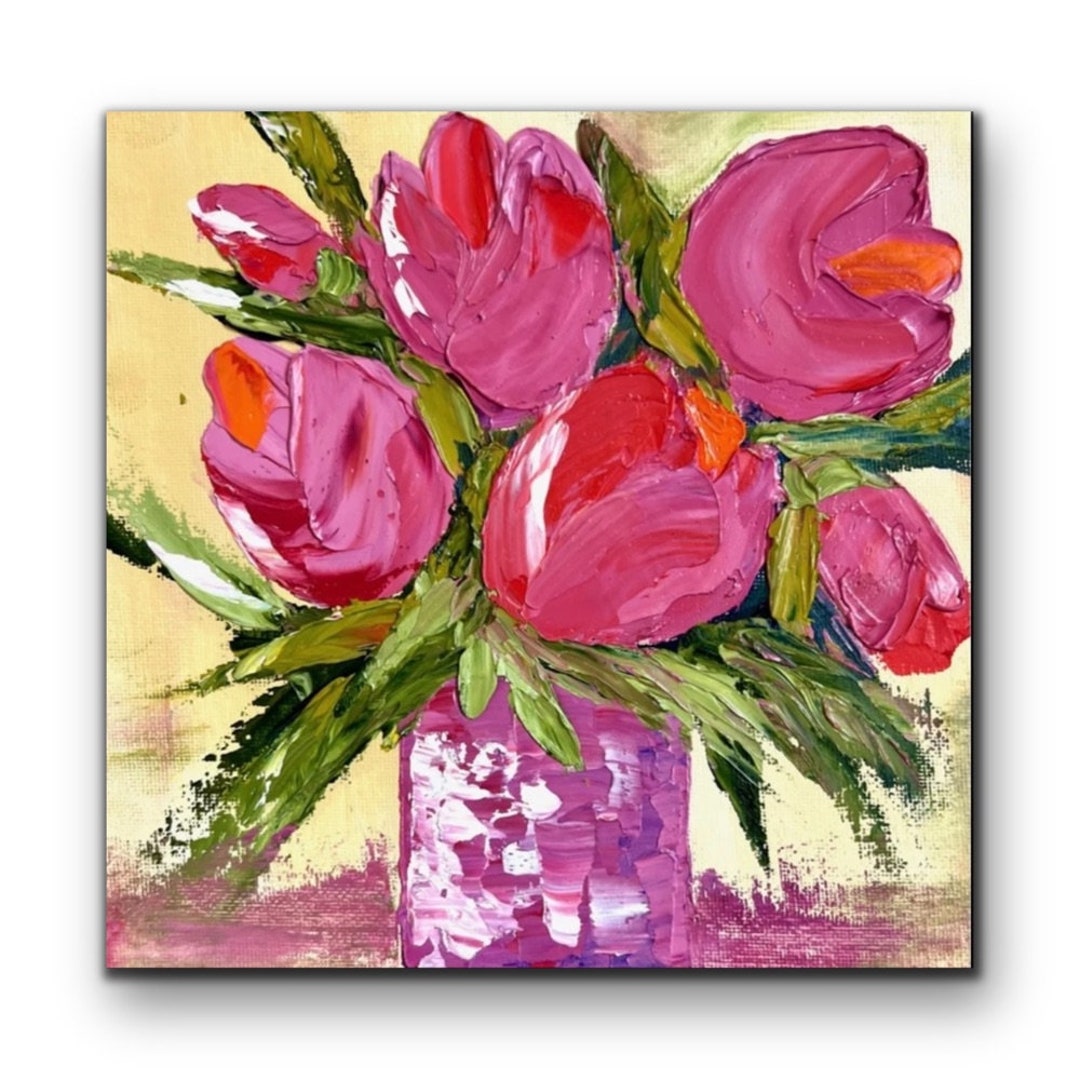 Pink Tulips Abstract Original Floral Oil Painting Small 8x8 Inches 3D ...