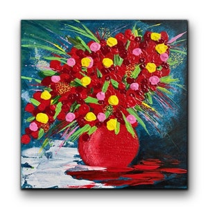 Original Abstract red-yellow Flowers in Red Vase Impasto Original Acrylic Painting 3D Effect  still life painting Special gift Wall Decor