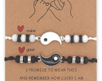 2 Matching Yin and Yang Adjustable Rope Bracelets for boyfriend and girlfriend, best friends, mum, dad