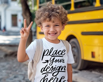 School Kids Tshirt Mockup Pre-k Kindergarten Preschool White T-Shirt Mockup Boy Model Bella Canvas 3001 Kids Short Sleeve Tee Mockup