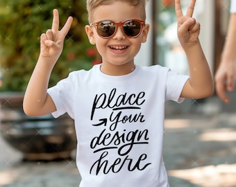 Boy TShirt Mockup White Bella Canvas 3001T Boy Mockup Kids Model Mockup Child Shirt Mockup Outdoor Kids Summer Vacation Lifestyle Mock up