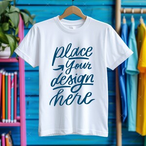 White T-Shirt Mockup Unisex Kids Teens Children White Bella Canvas 3001T Mock up Hanging Tee Mockups Home Room Indoor Back To School Mockup