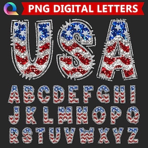 May include: A complete alphabet of PNG digital letters in a patriotic design. Each letter is filled with a red, white, and blue pattern, resembling the American flag, and outlined with silver glitter. The letters are displayed on a dark gray background.