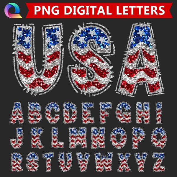 USA Flag Filled Letters Png, American Flag Letters Png,Sparkling Glitter, Faux Sequin Doodle Letters,4th of July Stars and Stripes Alphabet