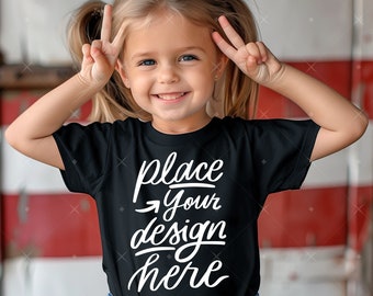 Maqueta de camiseta infantil Bella Canvas 3001t negra para niños, maqueta de camiseta para bebé niña, maqueta de camiseta para niño, maqueta de camiseta para vacaciones al aire libre para niños