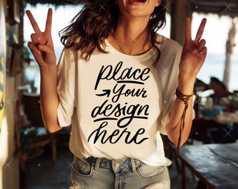 Maqueta de camiseta blanca para mujer, maqueta de camiseta de playa, verano, mar, océano, vacaciones, maqueta de camiseta en blanco para mujer, maqueta de camisa blanca de manga corta extragrande