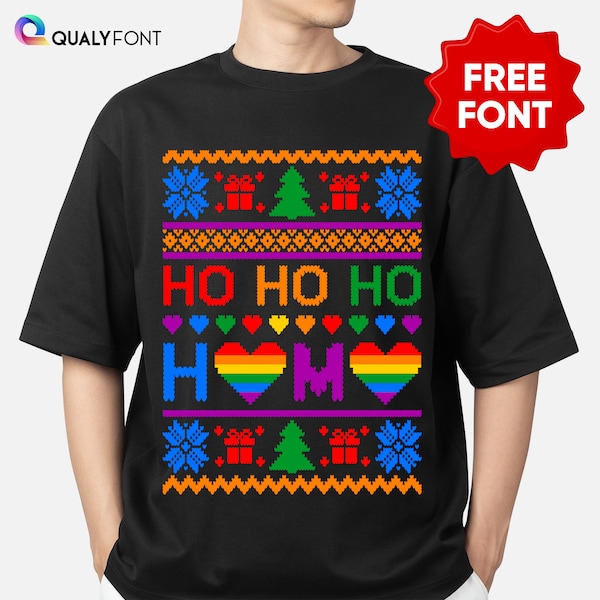 HO HO HO Homo Svg, Png, Rainbow, Gay Ugly Sweater Svg, Christmas Shirt Svg, for Cricut, Silhouette, Sublimation/ Knitted Font Included