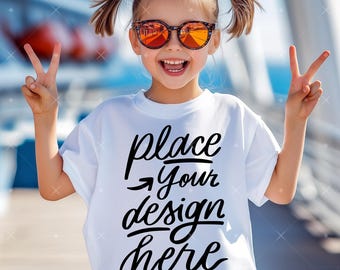Kids White T-Shirt Mockup Kids Bella Canvas 3001 Mock up Cruise Summer Vacation Little Girl Model Mockup Children Tee Mockup Outdoor