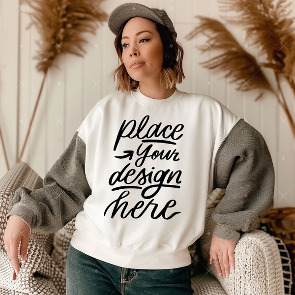 Boho Woman Model Sweater Mockup Women's Apparel Front View Mock Long Sleeve Sweatshirt Mockup Blank White Jumper Mock