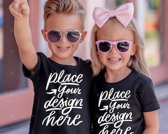 2 Kids Tshirt Mockup Boy With Girl Models Black Shirts Mockup Group Of Children Mockup Kids Couple Mockup Twins Siblings Matching Shirt Mock