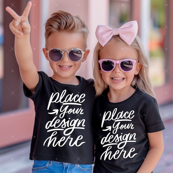 Kids Tshirt Mockup Boy With Girl Models Black Shirts Mockup