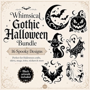 Puede incluir: Una colección gráfica digital titulada Whimsical Gothic Halloween Bundle con 16 Spooky Designs. La imagen presenta ilustraciones negras de una luna creciente con murciélagos, una calabaza, un gato con sombrero de bruja, fantasmas y un murciélago.