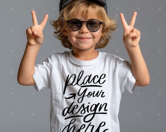 Baby Boy Tshirt Mockup Kids Model Shirt Mockup White Bella Canvas 3001 Mock up Kid Toddler Blank Tshirt Mockup Child Tee Mock Png Peace Sign