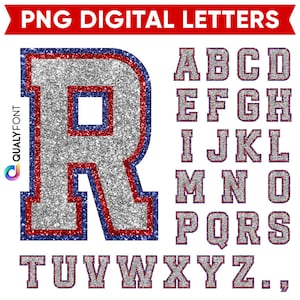 LETRAS DEPORTIVAS PNG, Gris Blanco Rojo Azul, Letras Varsity Chispeantes de Brillo Falso, Alfabeto Deportivo Imprimible, Sublimación Png de Letras de Jersey