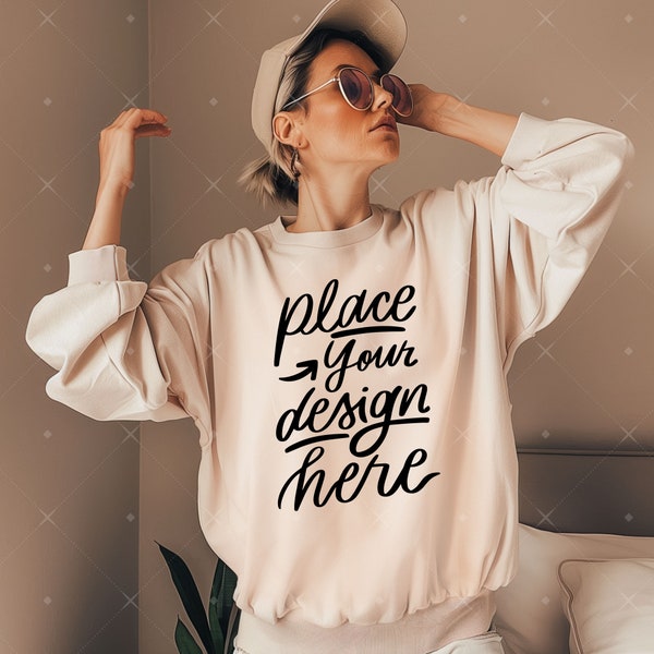 Beige Sweater Mockup Old Gold Gildan 18000 Mockup Gildan Crewneck Sweatshirt Mock up Young Women Model Mockup JPG Long Sleeve Tshirt Mock