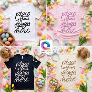 May include: Four t-shirts in white, pink, black, and beige, each with the text "place your design here." The shirts are surrounded by Easter decorations, including eggs, bunnies, and flowers. The image is a mock-up.