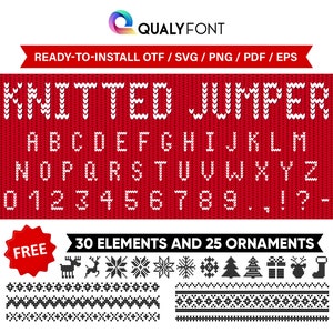 May include: A red background displays a white "KNITTED JUMPER" font, an alphabet, numbers, and symbols. Below, a collection of black and white Christmas-themed elements and ornaments are shown, including snowflakes, trees, and reindeer.