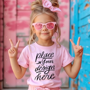 Kid Girl Sunglasses T-shirt Mockup Kids Mockup Tee Pink Bella Canvas Mockup Toddler Pink Tshirt Mock up Kid Model Summer Mockup PNG