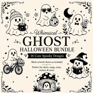 May include: A digital graphic set titled Whimsical GHOST HALLOWEEN BUNDLE 16 Cute Spooky Designs featuring black line art of ghosts. One ghost wears a beanie with a mug, one has heart sunglasses with a disco ball, one holds a moon balloon, one rides a bicycle with a pumpkin, one wears a witch hat reading a book, and one is in a mushroom house.