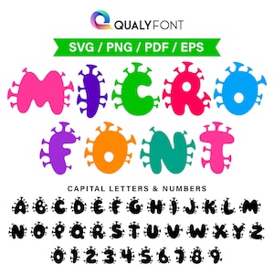 MICRO フォント/ Microbe フォント SVG、PNG、EPS、PDF、面白い子供向けフォント、学校プロジェクト フォント SVG、かわいいアルファベット文字と数字、モノグラム、名前
