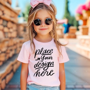 Kids Summer Mock up Toddler Girl Pink Bella Canvas 3001 T-Shirt Mockup Kids Model Outdoor Mockup Children Blank Short Sleeve Shirt Mockup