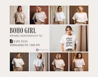 Apparel Heavyweight Tee Mockup Bundle, White & Beige Shirt Mockup, Girl, Young Woman, Female Model Studio Mockup,Front View Blank Shirt Mock