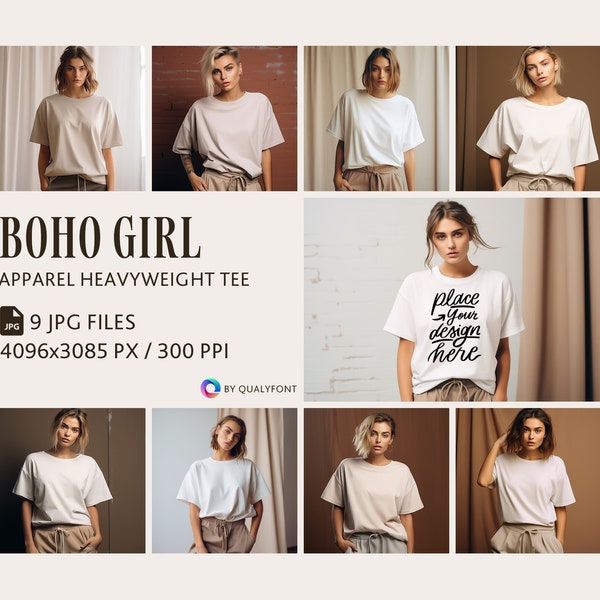 Apparel Heavyweight Tee Mockup Bundle, White & Beige Shirt Mockup, Girl, Young Woman, Female Model Studio Mockup,Front View Blank Shirt Mock