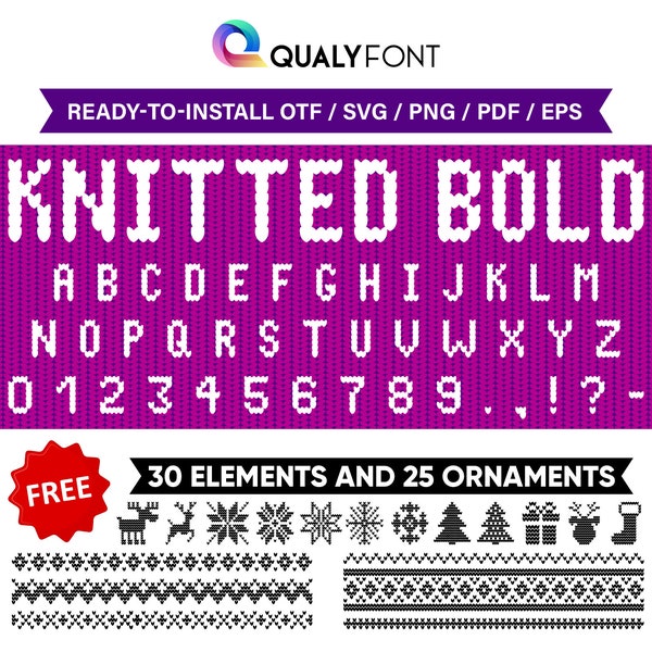 KNITTED BOLD FONT/ Knitted Font Otf, Svg, Png + Ugly Sweater Elements, Christmas Alphabet, Letters & Numbers, You Can Type, Cut or Print out