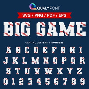 BIG GAME/ Baseball Font Svg, Png, Eps, Pdf, White Red Alphabet Letters & Numbers, Baseball Monogram, Custom Name, Personalization