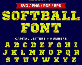 SOFTBALL/ Softball Font Svg, Png, Eps, Pdf, Yellow Red Stitches Softball Alphabet Letters & Numbers, Monogram, Custom Name, Personalization