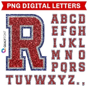 LETRAS DEPORTIVAS PNG, Letras de camiseta roja con contorno blanco, gris y azul, Letras universitarias con brillantina falsa, Alfabeto deportivo imprimible por sublimación
