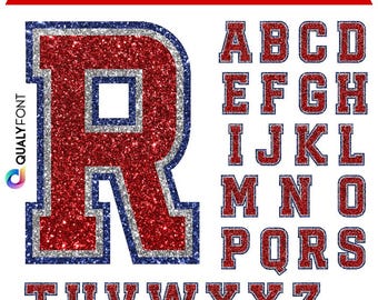 LETRAS DEPORTIVAS PNG, Letras de camiseta roja con contorno blanco, gris y azul, Letras universitarias con brillantina falsa, Alfabeto deportivo imprimible por sublimación