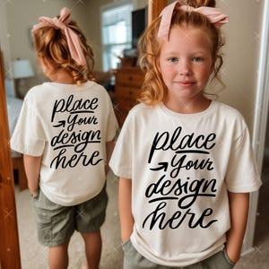 Front And Back Kids Mockup Youth Front Back Shirt Mockup Natural T-shirt Two Side Mockup Girl Model White Shirt Mockup Young Indoor Tee Mock
