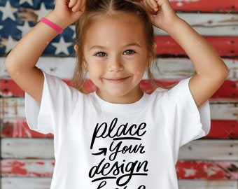 Kids White Tshirt Bella Canvas 3001 Mockup Girl Tee Mockup Summer Holidays Children's Clothing Mock up Toddler White Crewneck Shirt Mockup