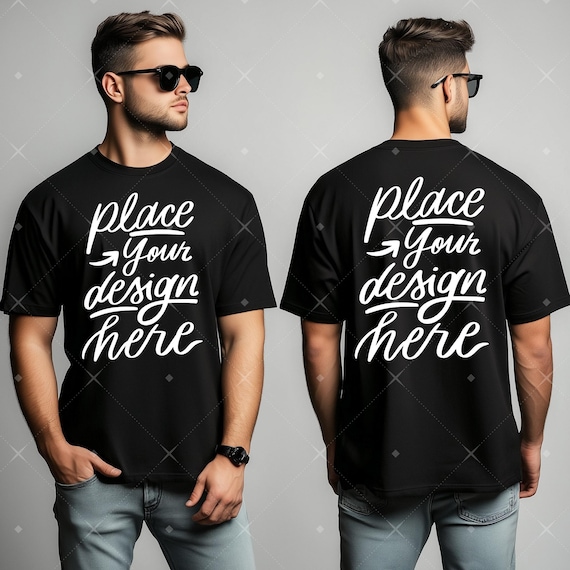 Men's Tshirt Back and Front View Mockup Young Male Model Black T