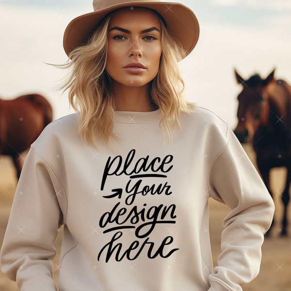 Cowgirl Tshirt Mockup Young Woman Model Western Apparel Mock Long Sleeve Sweatshirt Mockup Blank Beige Gildan 18000 Country Girl Mom